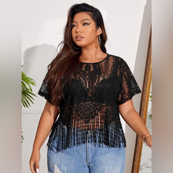 Plus Sheer Fringe Hem Lace Top - Picture 1 of 4